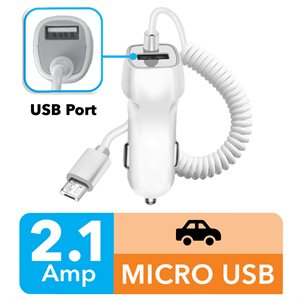 Chargeur voiture a port USB et connecteur micro USB