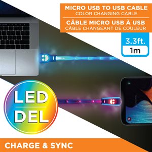 3.3ft Micro USB to USB LED Light Up Color Changing Cable