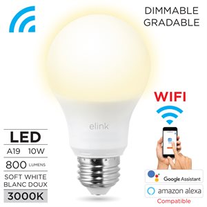 Smart Wi-Fi A19 LED Bulb White, 9W dimmable