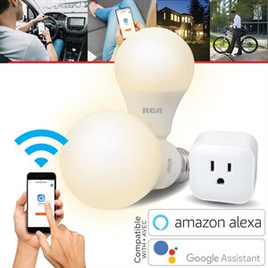 RCA Kit:2 smart wi-fi A 19 Led bulbs white,9W dimmable and smart wi-fi plug